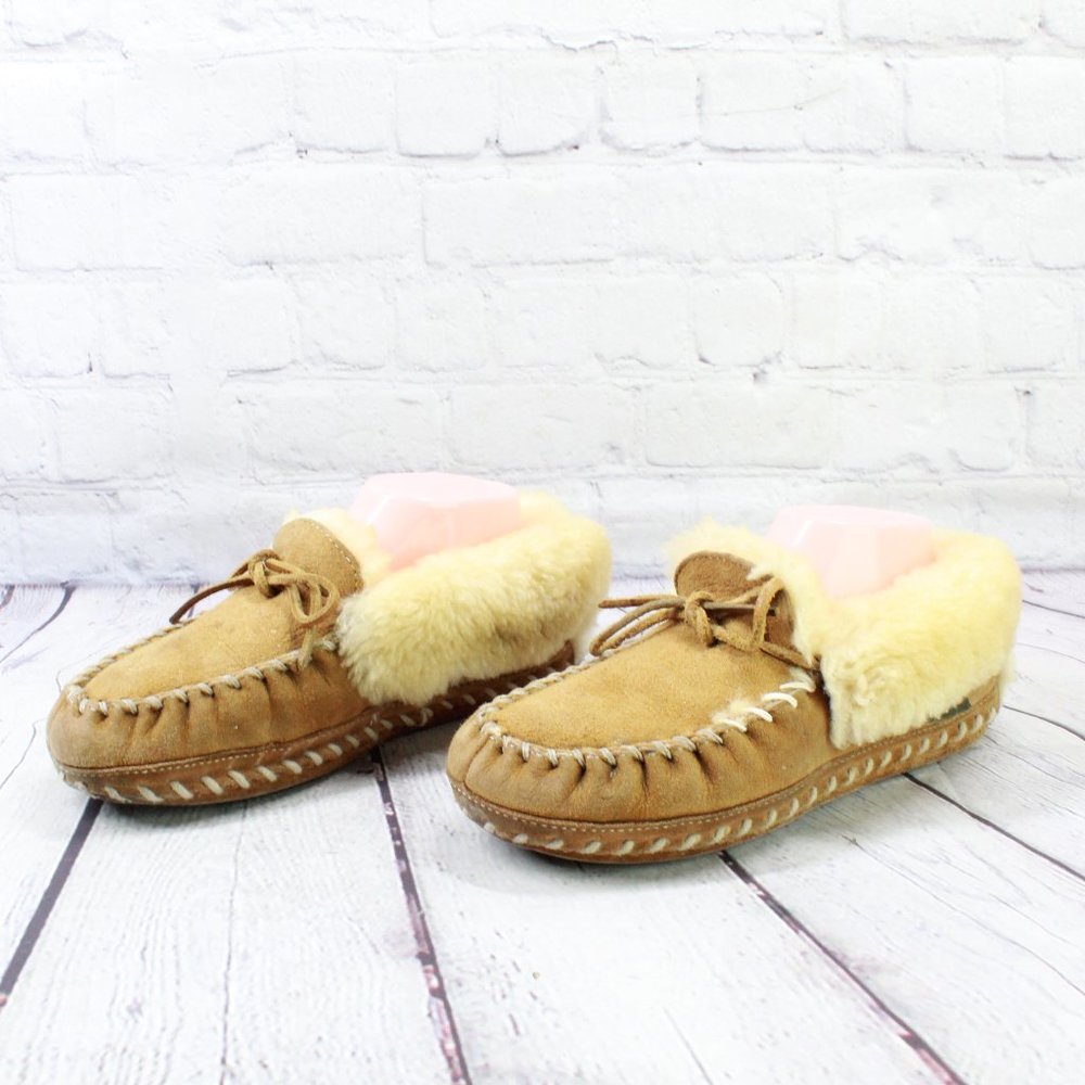 LL BEAN Brown Shearling Lined Wicked Good Moccasin Slippers Size 6 M - Picture 2 of 9
